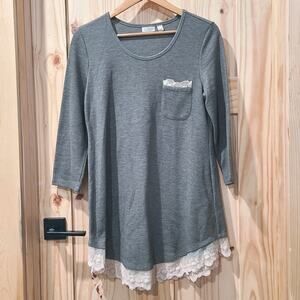 LOGO Waffle Knit 3/4 Sleeve Lace Hem Top Boho Whimsical Cottagecore Size M